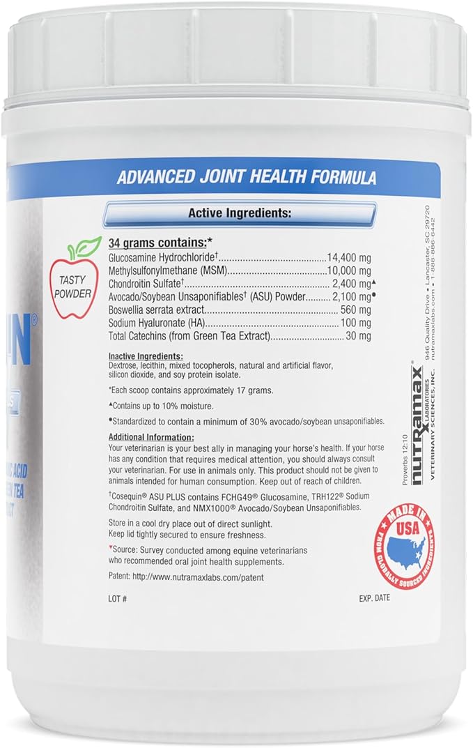 Nutramax Cosequin ASU Plus Hyaluronic Acid & Green Tea Extract Joint Health Powder Horse Supplement, 1.16 lb