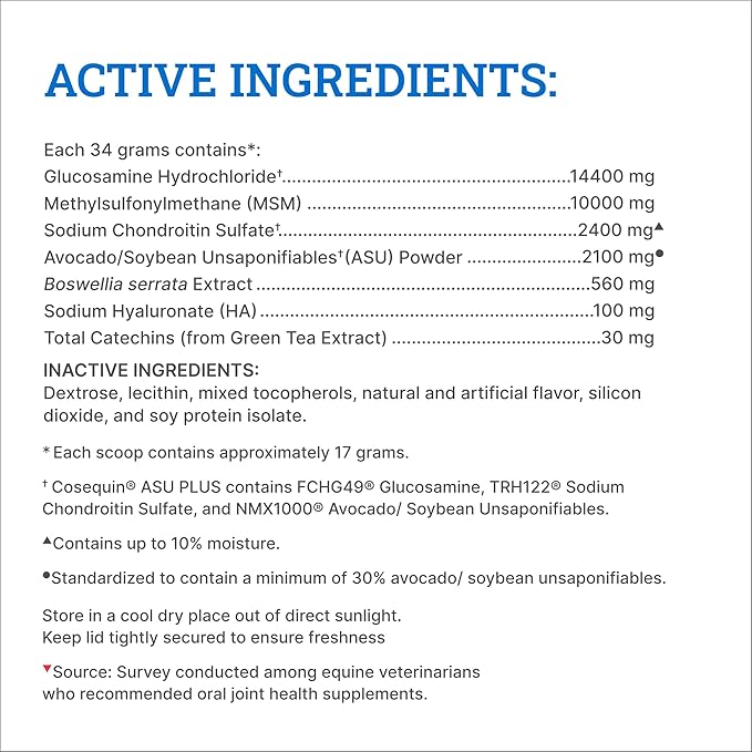 Nutramax Cosequin ASU Plus Hyaluronic Acid & Green Tea Extract Joint Health Powder Horse Supplement, 1.16 lb