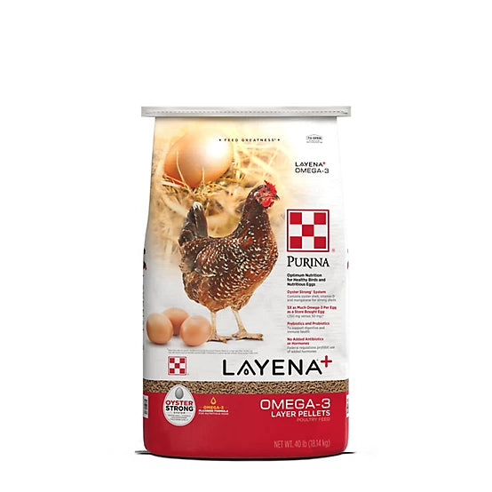 Purina Layena and Omega-3 Layer Pelleted Chicken Feed, 40 lb. Bag