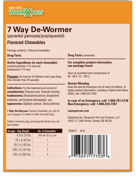 Sentry HC WormX Plus 7 WayDewormer for Hookworms, Roundworm & Tapeworms for Medium & Large Breed Dogs, 2 count