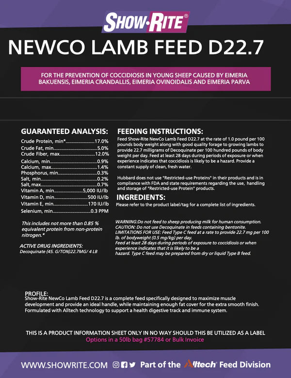 ShowRite NewCo Lamb Feed D22.7, 50 lb. Bag