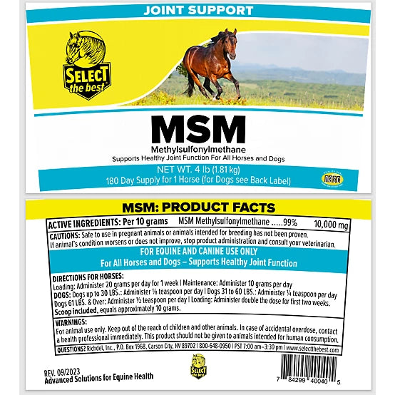 Select The Best Richdel MSM Anti-Inflammatory Horse Supplement Powder, 4 lb.